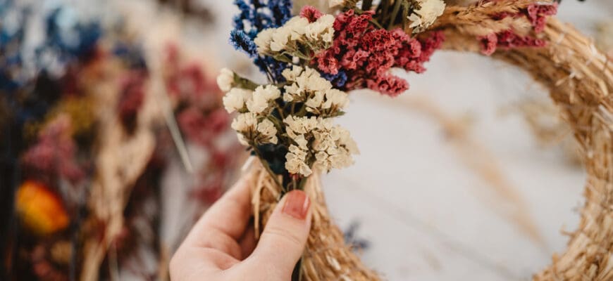 Girl,Making,Floral,Door,Wreath,From,Colorful,Dry,Summer,Flowers